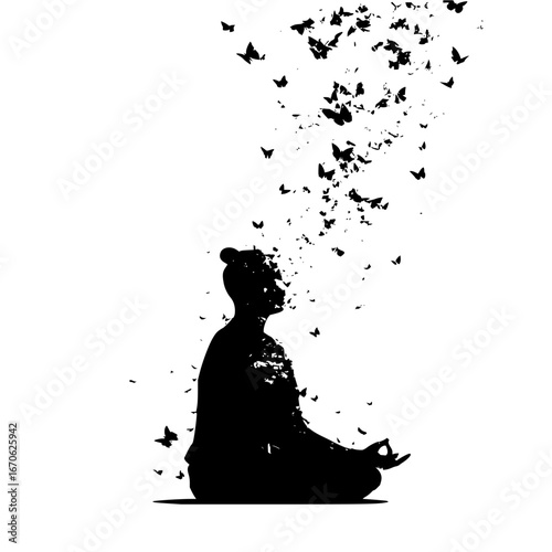 Silhouette meditation yoga butterflies spiritual transformation zen mindfulness wellness peace calm relaxation art