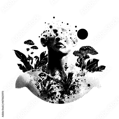 Black and white mushroom art illustration featuring nature, plants, and a surreal human face design element art