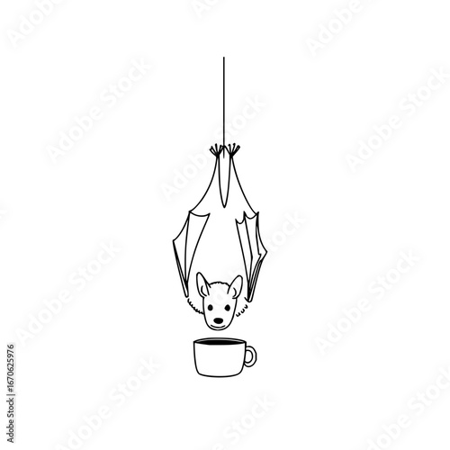 Bat hanging upside down drinking coffee vector illustration line art design graphic animal halloween spooky cute drawing