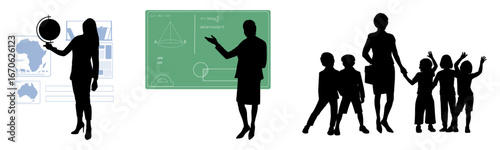 Back to school. Teacher and pupils silhouettes with school items on white background. Vector illustration.	
