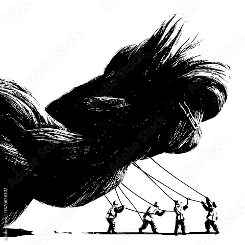 Black and white illustration of men pulling a large object teamwork concept art graphic design and art drawing