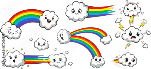 Vector Set of cloud comic with rainbow wake
