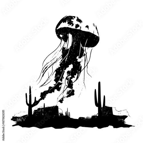 Jellyfish desert surreal black and white landscape cactus silhouette monochrome nature illustration art drawing
