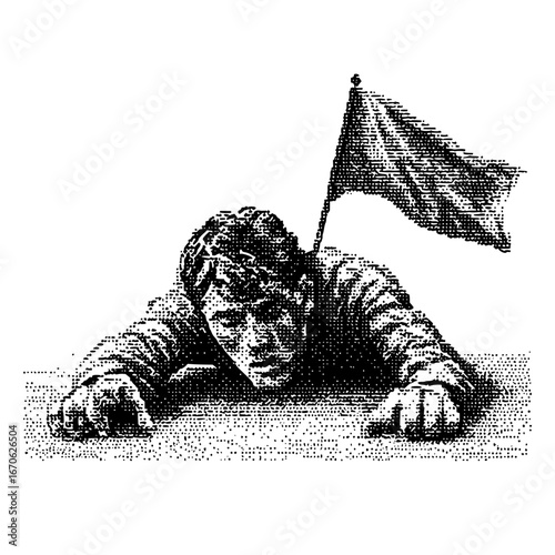 Man crawling with flag, struggle, determination, achievement, goal, success, perseverance, effort, hope
