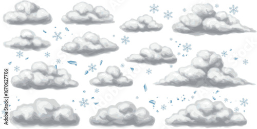 Vector Set of cloud with snowflakes and snow scraps
