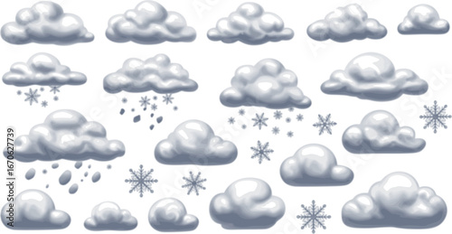 Vector Set of cloud with snowflakes and snow scraps
