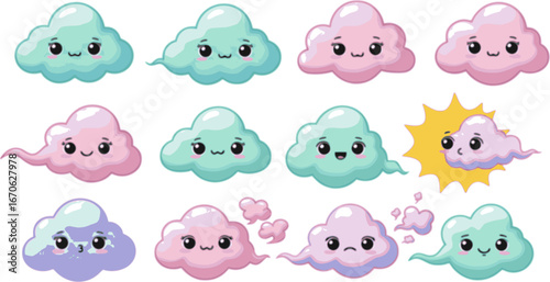 Vector Set of cloud blowing kawaii character
