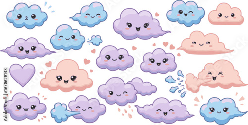 Vector Set of cloud blowing kawaii character
