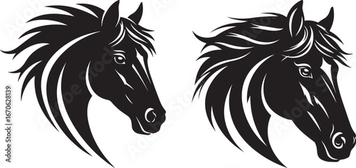 Two majestic horse heads facing opposite directions silhouette