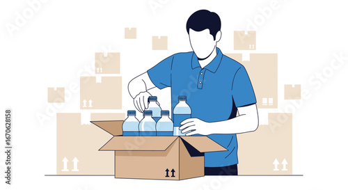 Warehouse Worker Packaging Water Bottles for Distribution Shipping Logistics