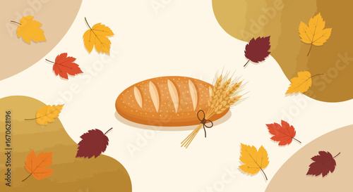 Warm Autumn Harvest Still Life with Bread and Leaves Illustration