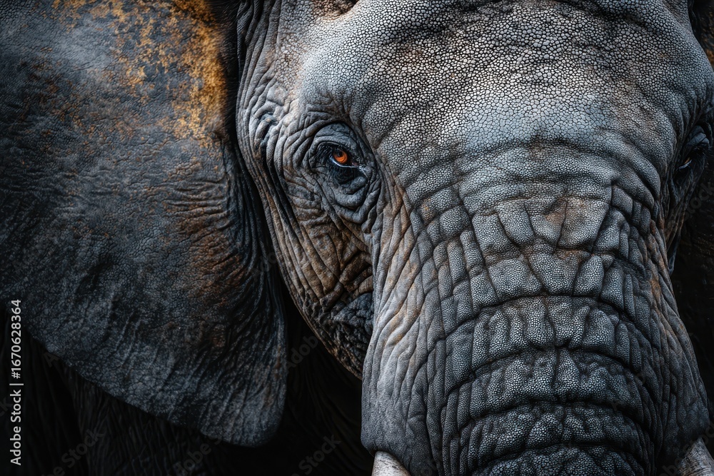 Fototapeta premium Majestic Elephant Face: Close-up of a Big African Creature with Extended Ears and Intense Eyes