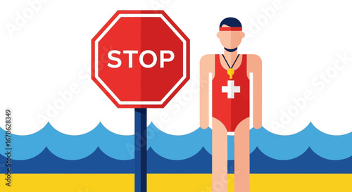 Warning Sign And Lifeguard In Flat Style For Water Safety Awareness Message