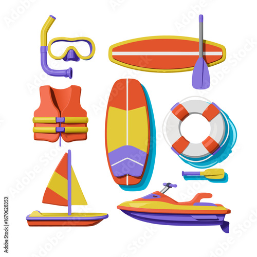 Illustration of various summer water sports equipment, including a surfboard, jet ski, snorkel, life jacket, and sailboat for vacation fun