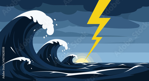 Waves Under a Stormy Sky with Lightning Strike at Sea Vector Illustration