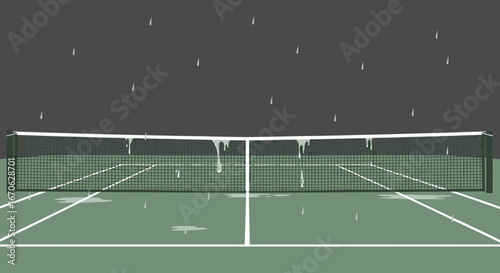 Wet Weather On The Empty Tennis Court During A Rainy Day Season