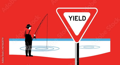 When Fishing Requires Patience And Yielding The Catch In A Red Flat Design