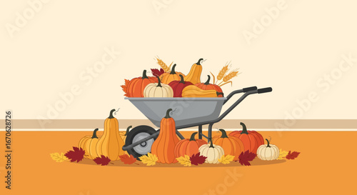 Wheelbarrow Full of Pumpkins With Falling Autumn Leaves Vector Illustration