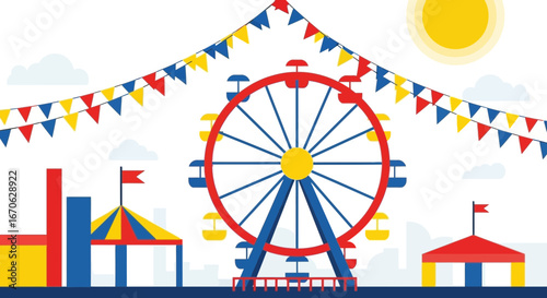 Whimsical Carnival Scene Ferris Wheel with Tents and Bunting Decorations