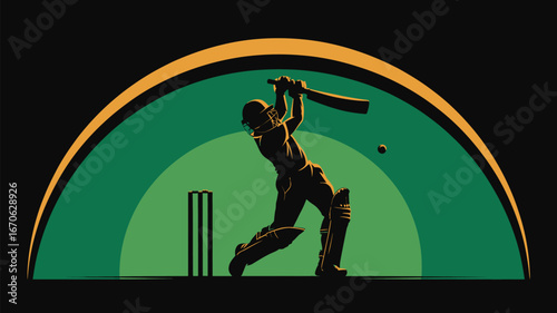 A cricket player hitting the ball with a bat in a graphic design with wickets in the background art