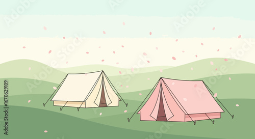 Whimsical Glamping Scene With Pastel Tents Under Falling Cherry Blossoms