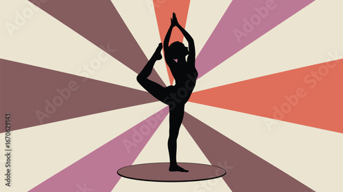 Silhouette of a woman in a yoga pose against a retro sunburst background with various colors