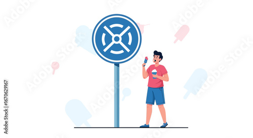 Whimsical Ice Cream Break With Character Alongside Whimsical Street Sign