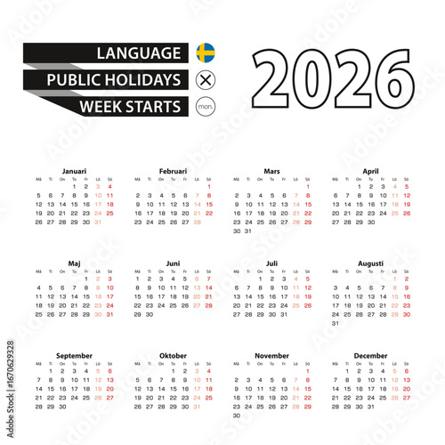 Calendar 2026 in Swedish language, week starts on Monday.