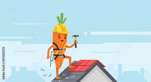 Whimsical Roofer Carrot Character Repairing Roof Construction With Hammer