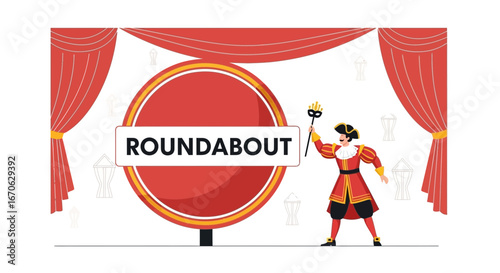 Whimsical Stage Performance With Roundabout Symbol And Costumed Performer