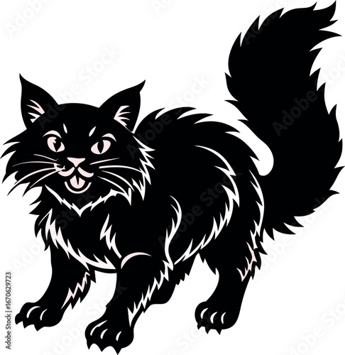 Black and white Cat Maine Coon of sillhouete illustration with cute domestic pets in vector style.
