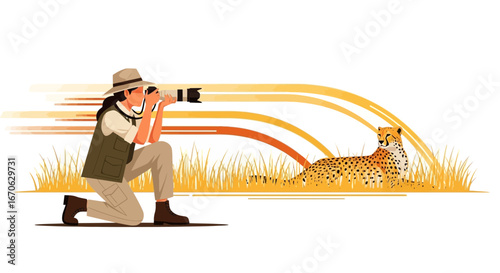 Wildlife Photographer Capturing A Cheetah In African Savanna Illustration Scene