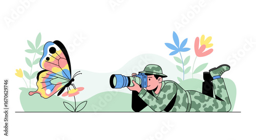 Wildlife Photographer Capturing A Colorful Butterfly In Natural Environment