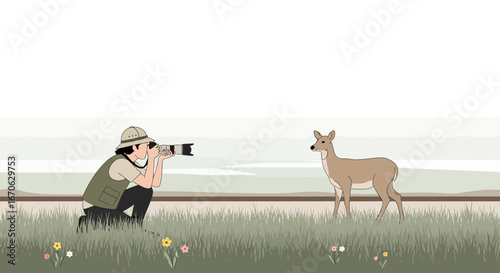 Wildlife photographer capturing a deer in a serene outdoor setting illustration