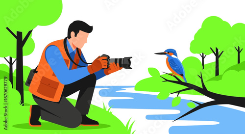 Wildlife Photographer Capturing a Kingfisher Bird in Natural Habitat