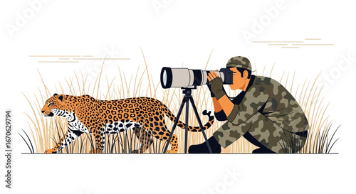 Wildlife Photographer Capturing a Leopard Strolling Through Tall Savannah Grass
