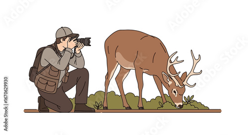 Wildlife Photographer Capturing Majestic Deer Grazing in Natural Habitat Scene