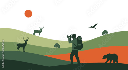 Wildlife Photographer Capturing Nature in the Wilderness with Animals Silhouettes