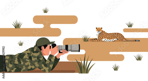 Wildlife Photographer Capturing Portrait Of Lying Cheetah In African Savanna