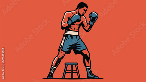 Illustration of a boxer in boxing stance with blue gloves and shorts standing near a small stool on orange