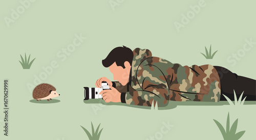 Wildlife Photographer Lying Down Capturing a Charming Hedgehog in its Habitat