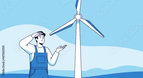 Wind Turbine Technician Inspecting Renewable Energy on Clean Environment Scenery