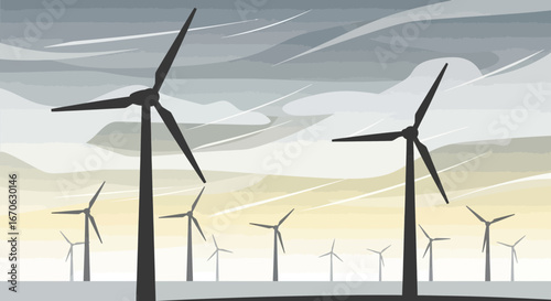 Wind Turbines Silhouettes Against Sky For Green Energy Production Concept