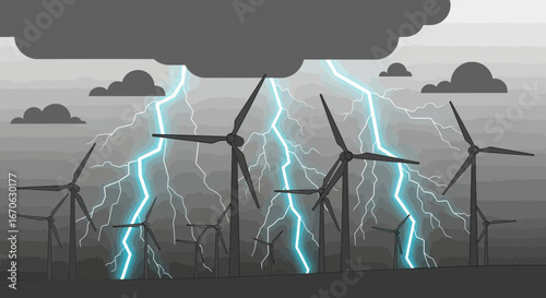Wind Turbines under Lightning Storm, a testament to resilience and renewable energy generation during extreme weather conditions