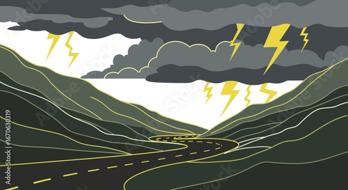 Winding Road Under A Stormy Sky With Lightning Strikes Illustration