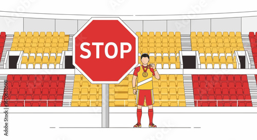 Winner Protesting at Stadium Stop Sign Against Empty Seats Stand Illustration