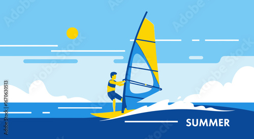 Windsurfing On Sea During Sunny Day With Clouds And Blue Sky