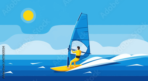Windsurfing Adventure At Sea Under The Summer Sun On A Bright Day
