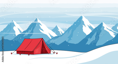 Winter Adventure: A Red Tent Under The Majestic Snowy Mountain Range
