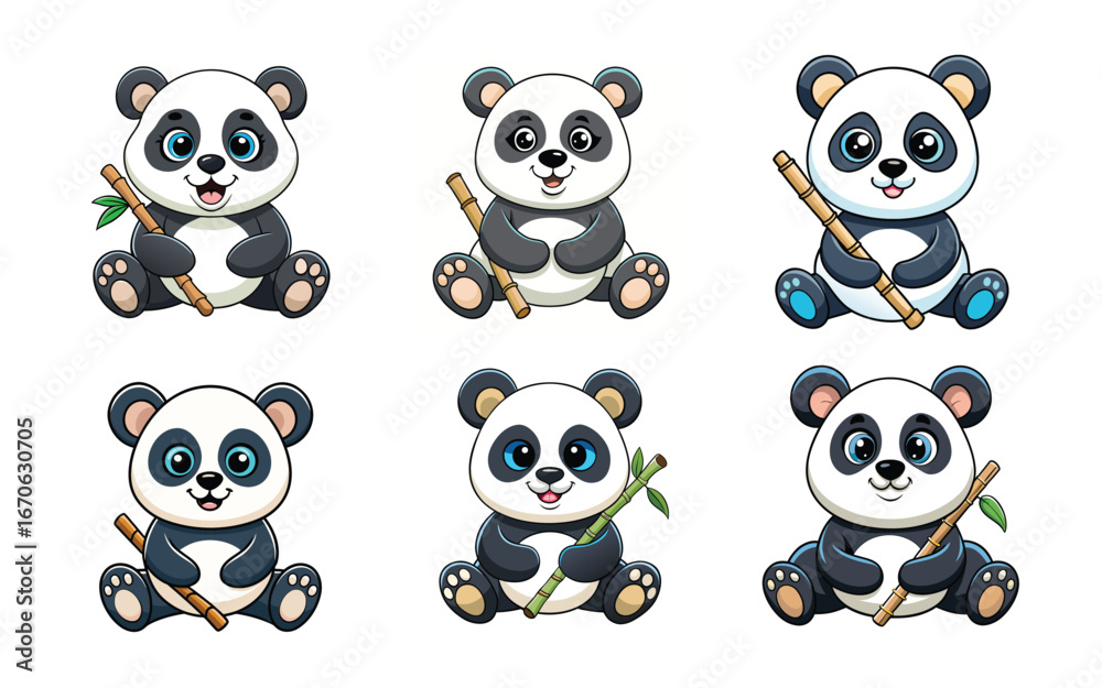 Fototapeta premium Adorable Panda Bears with Bamboo Collection Cartoon Illustration